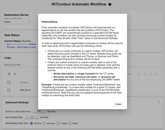 INTContour automated DICOM listener monitoring incoming studies