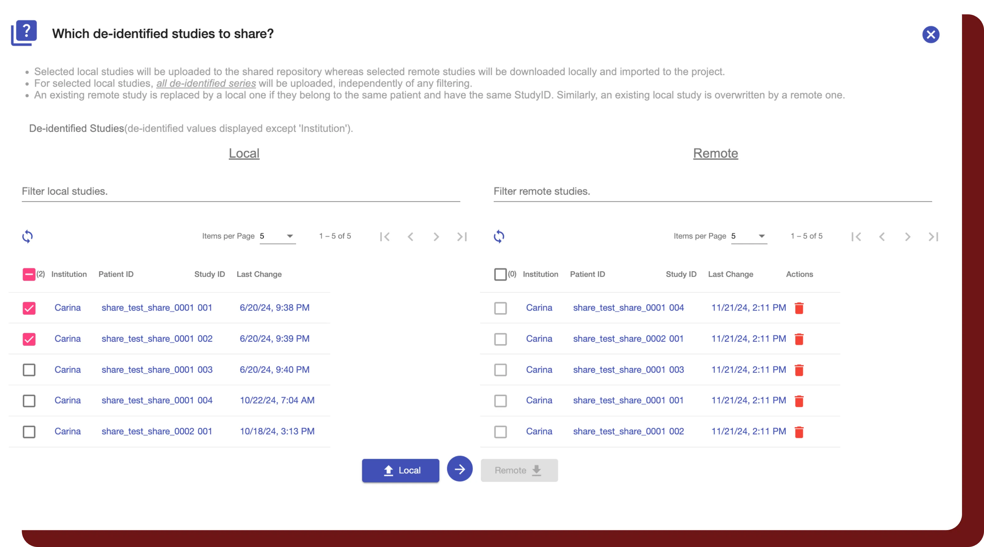 An image of DeIdentifier's user interface for sharing studies across external accounts.