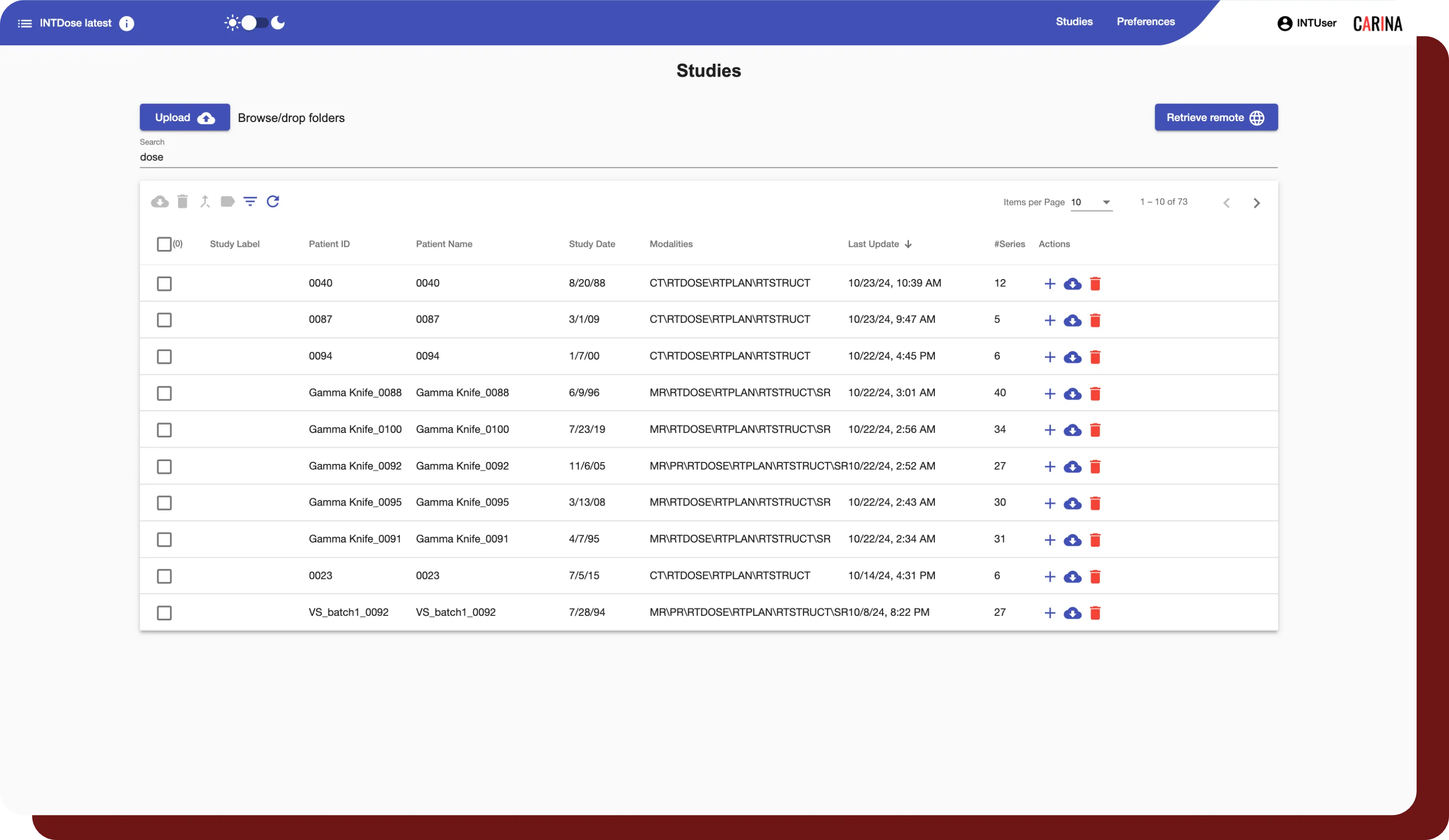 A view of the study page in INTDose.