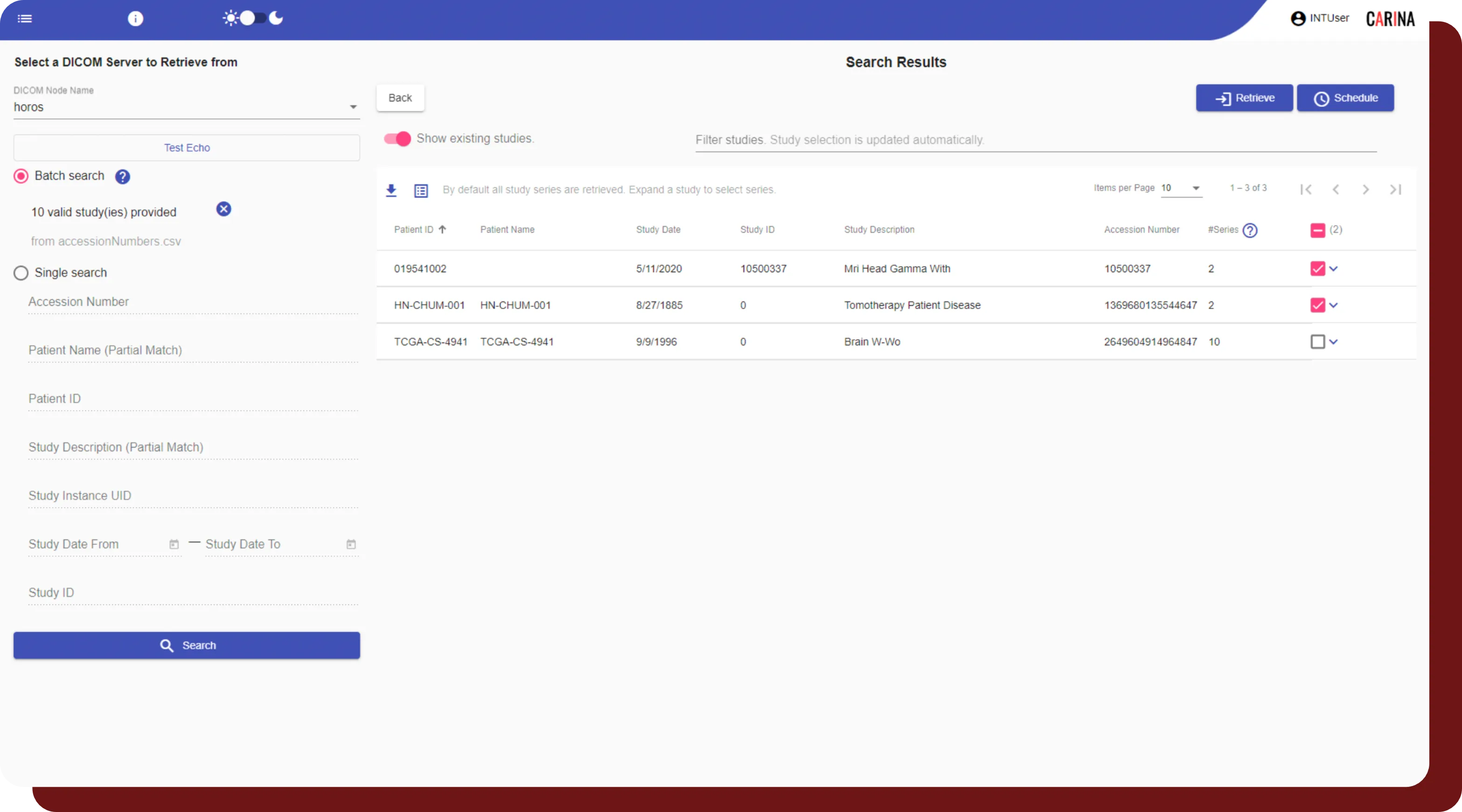 An example of study retrieval from a PACS server via DICOM Node in the OncoAI Suite.