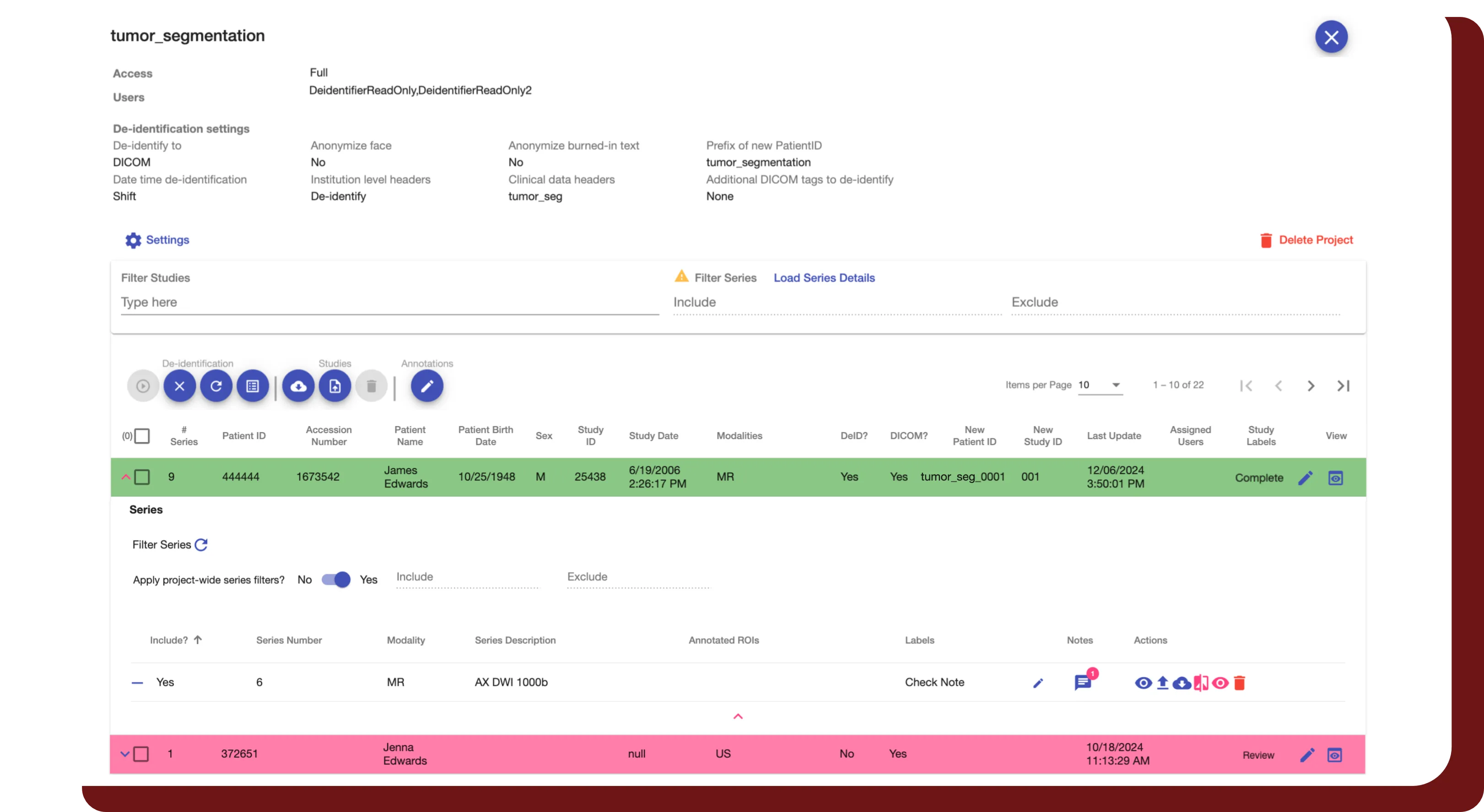 An image of DeIdentifier's user interface, showing an example project with studies.